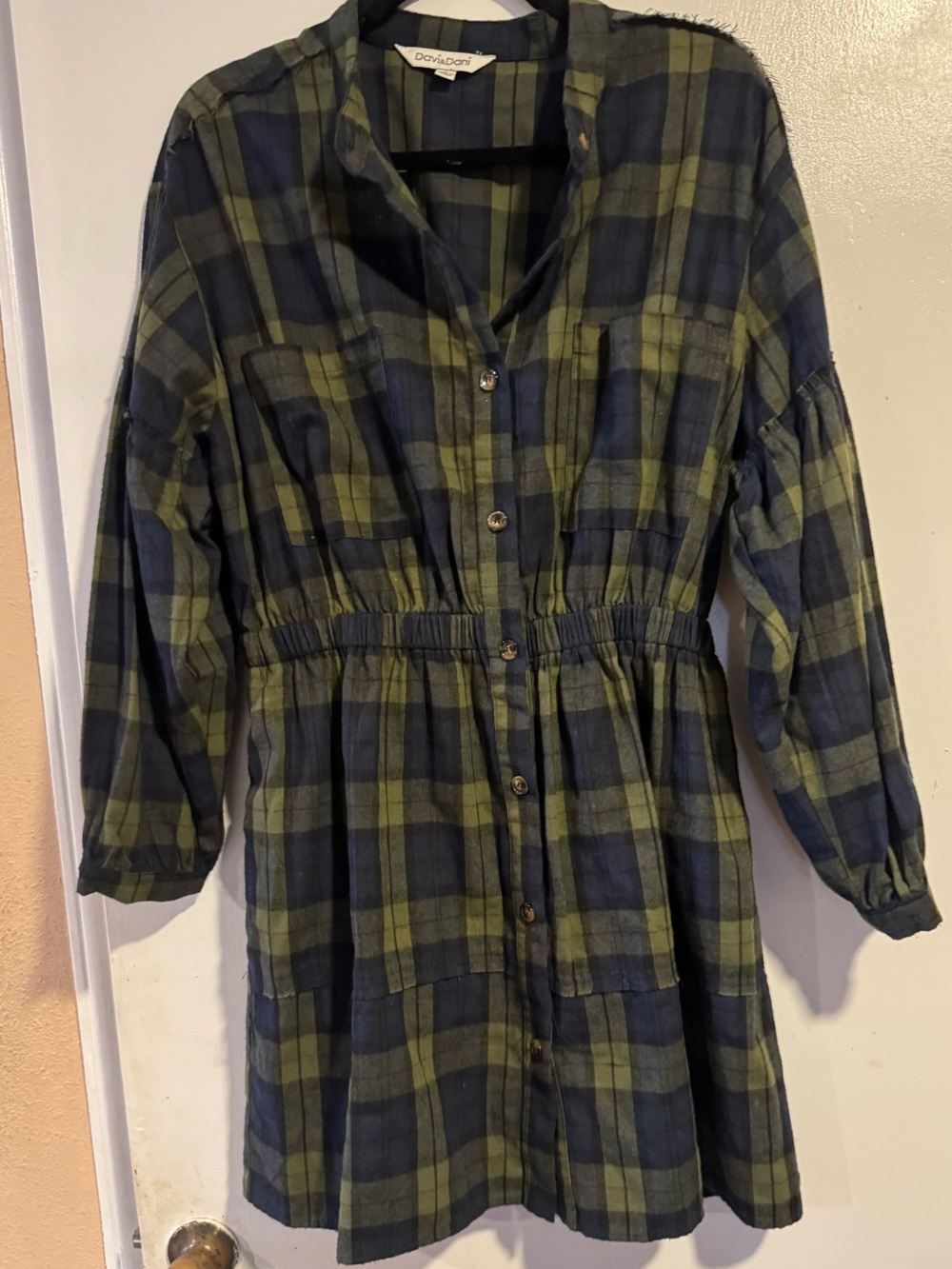Green Plaid Button-Front Shirt Dress